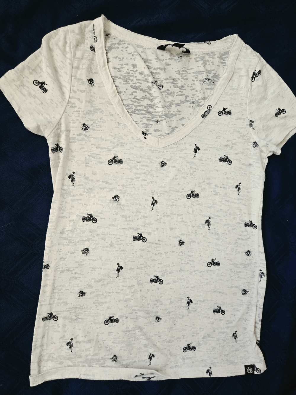 Rock & Republic White Tee with Black Motorcycle and Rose Print